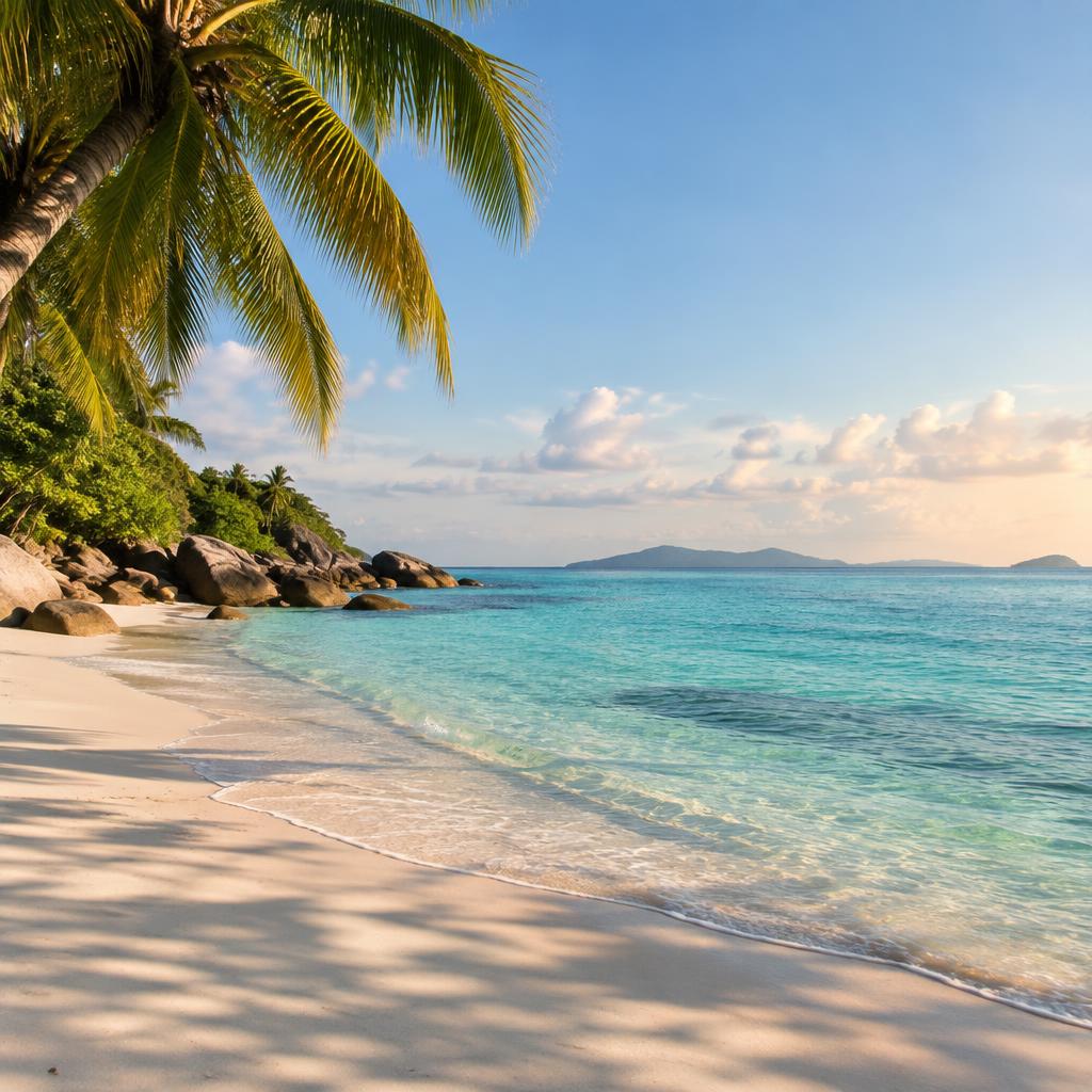 Quiet tropical beach with pale sand and clear turquoise water