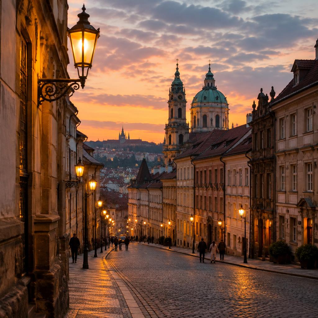 Historic city street at dusk lit by warm street lamps