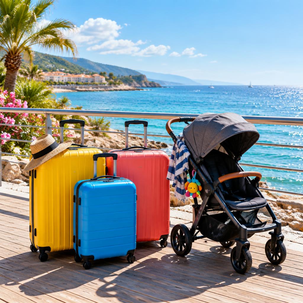 Colourful suitcases beside a sunny seaside boardwalk railing