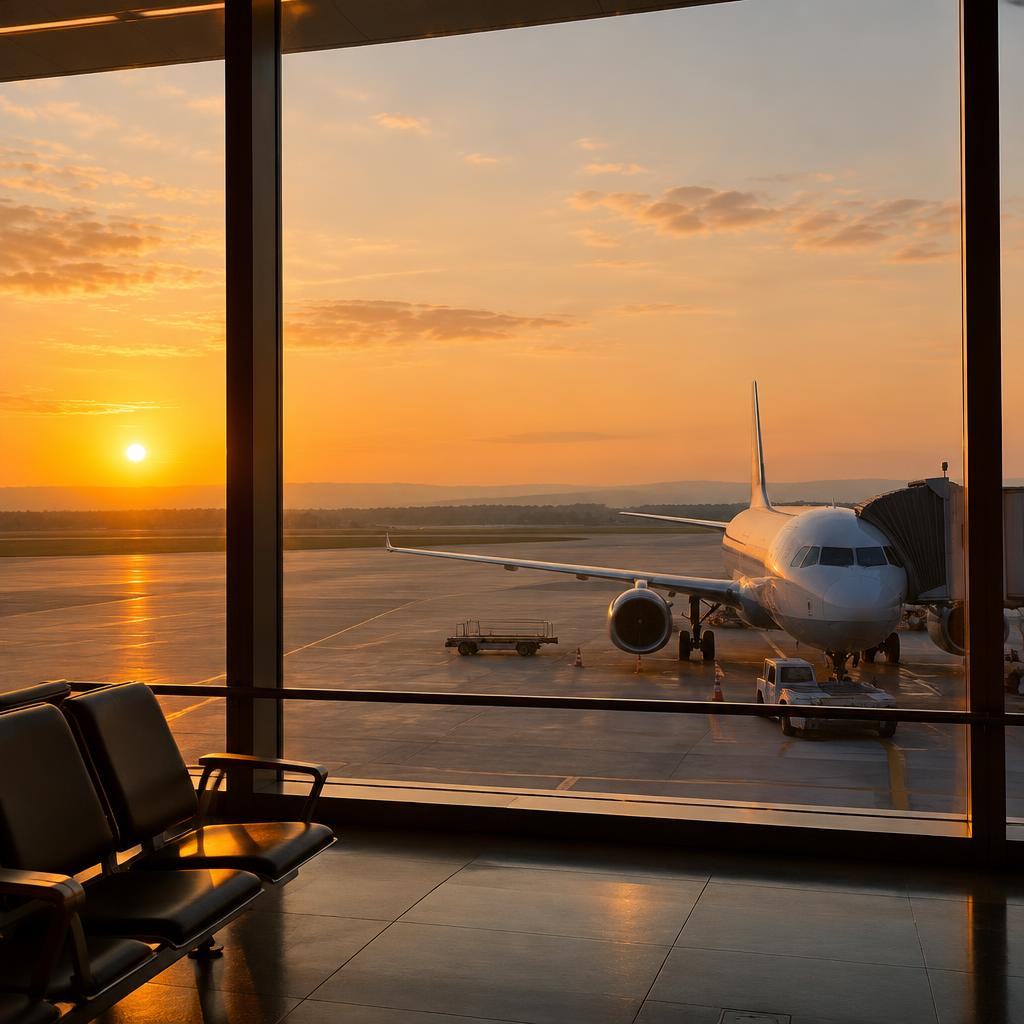 Airport departure gate window with an aircraft on the apron at golden hour