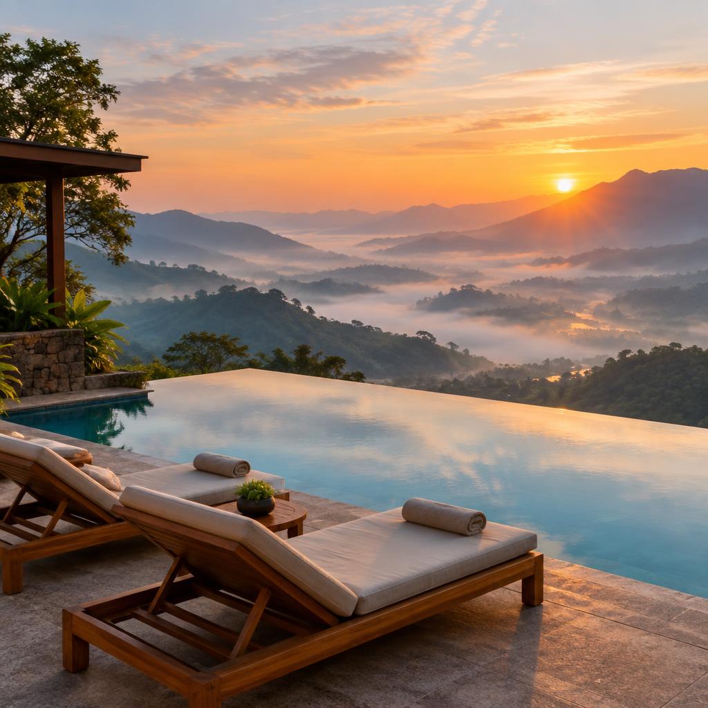 Infinity pool overlooking a misty mountain valley at sunrise