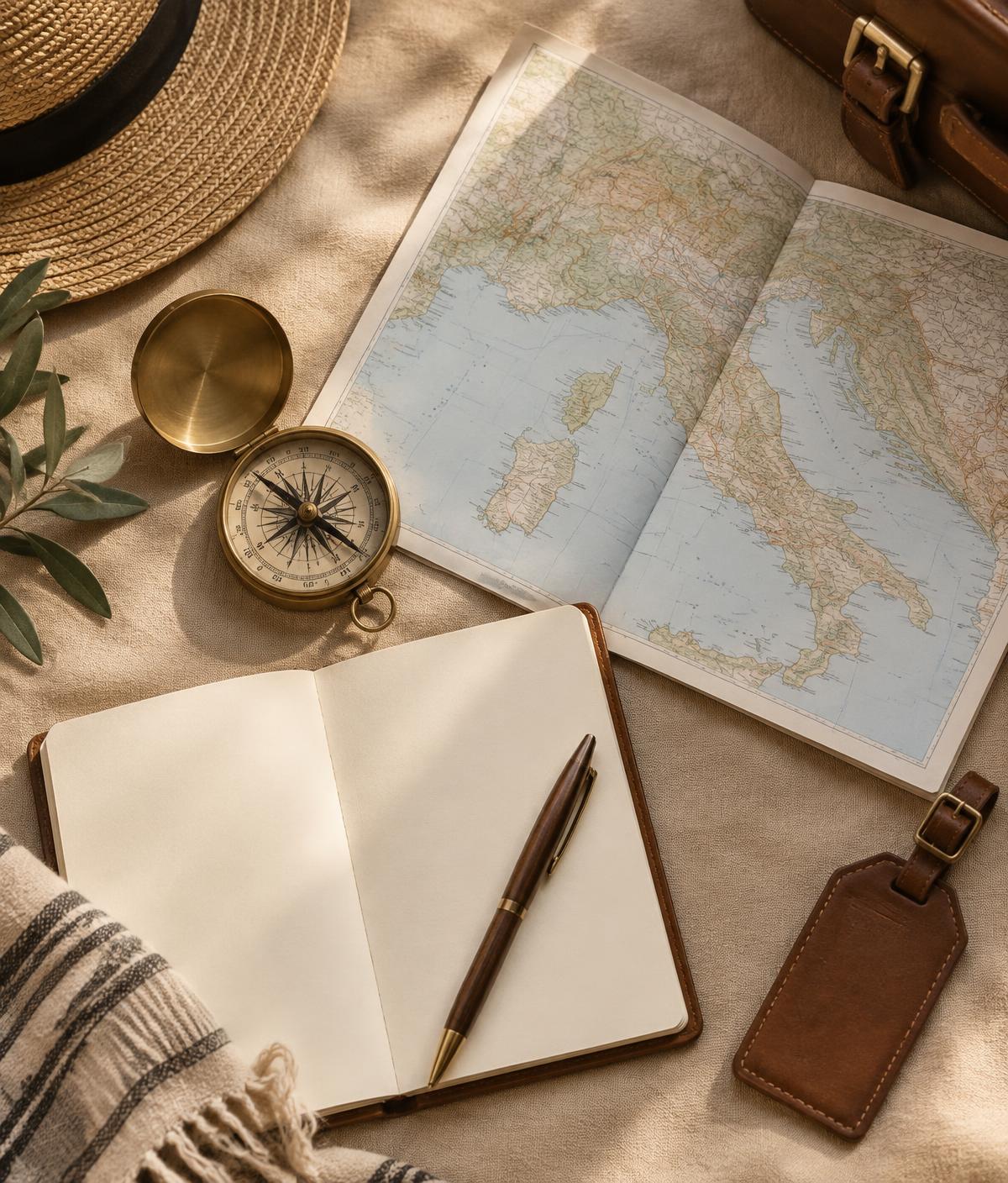 Open map, notebook, compass and luggage tag arranged on a linen surface